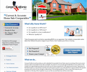 comps4california.com: California Real Estate and Home Value Appraisal
Find out the value of your home and real estate values in California. We provide you with current and accurate comparable sales appraisal that have been personally selected and reviewed by a professional.