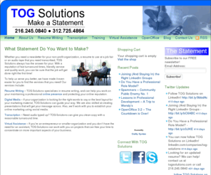 togsolutions.com: TOG Solutions | Creative, Virtual and Career Services
Providing desktop publishing, career services, transcription, training and virtual assistant services in Cleveland, Chicago and nationwide.