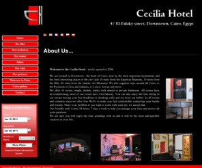 ceciliahotel.net: Cecilia Hotel Cairo, Egypt
Welcome to the Cecilia Hotel - newly opened in 2009. We are located in Downtown - 
  the heart of Cairo, near by the most important monuments and the most interesting places in the city. 
  We also organize trips around all Cairo, to the Pyramids in Giza and Sakkara, to Luxor, Aswan and more.