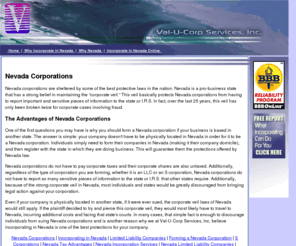 nevadaincorporating.com: Nevada Corporations
Incorporate in Nevada with Val-U-Corp Services, Inc. We help you with your Nevada Corporations and Nevada Incorporation process. Affordable low service fees.