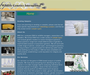 wildlifegenetics.ca: WGI - Wildlife Genetics International - Nelson British Columbia Canada
WGI (Inc.) analyzes DNA for wildlife managers, researchers and breeders. We extract DNA from a wide variety of sample typesand analyze genetic markers to assess biological questions. 