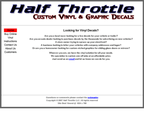 halfthrottle.com: Half Throttle LLC
Half Throttle LLC was created in order to provide high quality vinyl decals at a great price...
It's very simple...
We provide the decal and you put it where you want.  