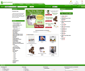 miracleexclusives.net: Miracle Exclusives :
Miracle Exclusives :  - Fruit and Vegetable Juicers,Wheat Grass Juicers,Citrus Juicers,Scales,Specials,Closeouts,Rice Cookers,Fermenting Pots,Soy Milk Makers,Choppers/Mincers,Yogurt Makers,Dehydrators,Sprouters,Pressure Cooker Parts,Electric Grain Mills & Grinders,Manual Grain Mills & Grinders,Stainless Steel Cookware,Manual Pasta Makers,Books,Gift Certificates,Spare Parts,Drink Dispensers/Bar Equipment,Coffee Grinders,Espresso Coffee Makers,Multi Purpose Juicers,Chalk-Less Blackboards,Product Manuals,