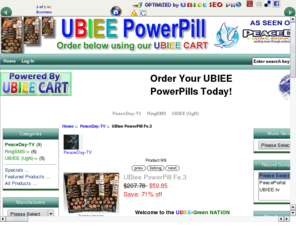 splash-page.com: UBiee PowerPill Sponsorship Offer - SEO Tools + Peace Solution + UBiee Powerpill Sponsorship+ Publishing + Branding + NEW IMAGE Network with UBIEE
UBIEE Cart! UBiee PowerPill Fe.3 [PdTV-UPP3Bl] - Welcome to the UBIEE-Green NATIONTogether with Peaceday.TV we will find a solution.By Presenting the UBiee PowerPillThe UBiee PowerPilloffers a environmental and cost effective solution. We cannot wait another 10 years for new technology to reduce our vehicle emissions. The climate is changing  Climate Change is here, and we have 