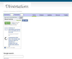 alldissertations.com: Collection of dissertations and theses from universities all over the world
This is a collection of dissertations and theses from the universities all over the world. We attempt to cover all the educational topics ranging from space sciences to philosophy. Our database is regularly updated from various ETD (Electronic Theses and Dissertations) portals available from universities websites. Search for a keyword or browse all the projects depending on what you are looking for.