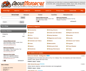 aboutmotorcyle.com: Motorcycle Directory, Buyers' Services, Driving Schools, Motorcycle Parts
AboutMotorcyle.com is the motorcycle directory covering relevant websites to driving schools, buyers' services, ATVs, repairs & service, rental, racing performance, three wheeled.