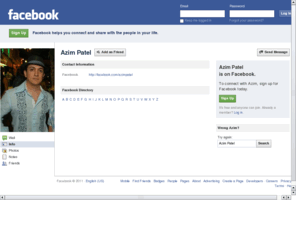 azimpatel.com: Incompatible Browser | Facebook
 Facebook is a social utility that connects people with friends and others who work, study and live around them. People use Facebook to keep up with friends, upload an unlimited number of photos, post links and videos, and learn more about the people they meet.