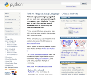 python.org: Python Programming Language – Official Website
      Home page for Python, an interpreted, interactive, object-oriented, extensible
      programming language. It provides an extraordinary combination of clarity and
      versatility, and is free and comprehensively ported.