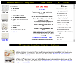 moistureresistantceilingtiles.com: moisture resistant ceiling tiles
moisture resistant ceiling tiles, will not warp, bend, bow, stain, or water stain. Mildew, mold and bacteria resistant. Easy to clean with soap and water or power wash, easy to install. Will out last all other tiles by decades can be used in all standard drop ceilings.