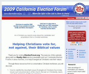 electionforum.org: 2009 Elections: Election Recommendations & Results for Conservative Christian Voters
The Community Election Forum offers election recommendations for Christian voters from a conservative Christian worldview. 