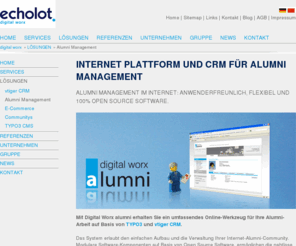 alumni-crm.com: echolot digital worx CRM und Alumni Portale auf 100% Open Source basierend
Flexible und sichere Lösung für Alumni-Management und Alumni Portale mit vielen Funktionen wie z.B. Facebook Api.