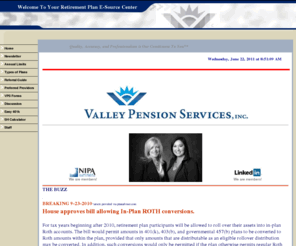 valleypension.com: Valley Pension Services, Inc. | Home
Valley Pension Services, Inc. is the leading TPA firm in the San Joaquin Valley, California. We have the ability to process all types of plans including but not limited to 401(k), Pension, Defined Benefit, and Cash Balance plans.