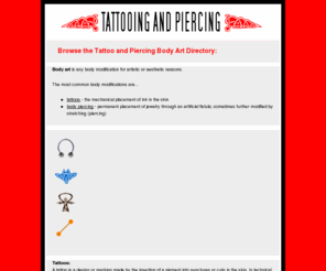 tattooingandpiercing.com: Tattoo designs and ideas : gallery, art and information for tattoos, body piercing, studios and more
A tattoo and piercing resource for tattoo design links, ideas, galleries, pictures, articles, and information on tattoos and body piercing. Visit us at Tattooingandpiercing.com.