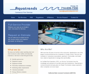 aquatrendspools.com: Welcome to Aqua Trends
With more than 20 years of service to the community, Aquatrends is one of the largest commercial pool service companies in Orange County. Emergency service available. Technicians are CPO certified.