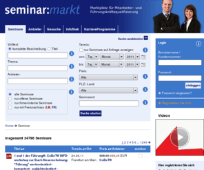 seminar-markt.com: Seminarmarkt - Seminare, Weiterbildungen, Fortbildungen, Trainings, Schulungen, Lehrgänge, Anbieter und Ausschreibungen
Weiterbildungsdatenbank: Seminardatenbank mit Seminaren, Weiterbildungen, Fortbildungen, Trainings, Schulungen, Lehrgängen, Seminaranbietern, Seminar-Ausschreibungen.