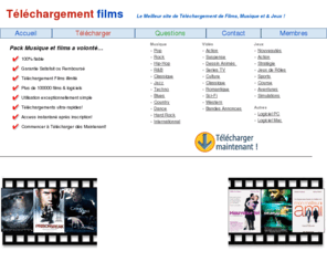 telechargements-films.com: Téléchargement Films, Musique, Telechargement Films : 0, 99EUR/mois
Commencez à télécharger films, musique, dvd à Volonté. 100% légale et fiable, téléchargez dés maintenant. Access instantané après inscription.