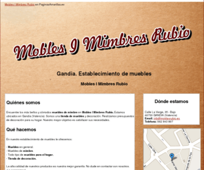 moblesrubio.es: Establecimiento de muebles. Gandia. Mobles I Mimbres Rubio
Encuentre los más bellos y cómodos muebles de mimbre en Mobles I Mimbres Rubio. Visite nuestro establecimiento de muebles en Gandia. Tlf. 962 843 897.