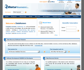 datanumen.biz: Data Recovery, File Recovery and Email Recovery Software by DataNumen
Data recovery software for Microsoft Access databases, Outlook PST files, Exchange OST files, Outlook Express DBX files, Excel spreadsheets, Word documents, BKF files, DBF files, Acrobat PDF files, ZIP archives, RAR archives, TAR archives, CAB archives, and Photoshop PSD image files.