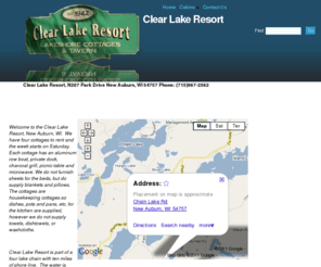 clearlakeresortwi.com: Clear Lake Resort New Aurburn Wisconsin
Clear Lake Resort, New Auburn, WI.  We have four cottages to rent and the week starts on Saturday.  Each cottage has an aluminum row boat, private dock, charcoal grill, picnic table and microwave. We do not furnish sheets for the beds, but do supply blankets and pillows.  The cottages are housekeeping cottages so dishes, pots and pans, etc. for the kitchen are supplied, however we do not supply towels, dishtowels, or washcloths.