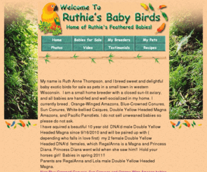 ruthiesfeatheredbabies.com: Amazons, Conures, and Parrotlets For Sale - Ruthies Feathered Babies, Ruthie's Baby Birds
Ruthie's Feathered Babies delights in finding homes for exotic birds of all types, especially Amazons, Conures, and Baby Parrotlets.