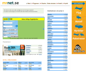 mrnet.se: mrnet.se - Flygresor, Charter, Sista minuten, Hotell och Hyrbil
MrNet.se - Här hittar du billiga flygresor till över 40 destinationer. Du kan även boka charterresor, hotell och hyrbil till lägata pris.