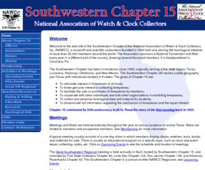 nawcc-chapter15.org: NAWCC Southwestern Chapter 15 - Home Page
NAWCC Southwestern Chapter 15 - organization of watch and clock enthusiasts