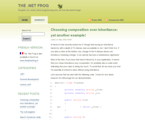 thedotnetfrog.com: The .Net Frog
Thoughts (ok, rants!) about programming and .NET from the land of frogs!