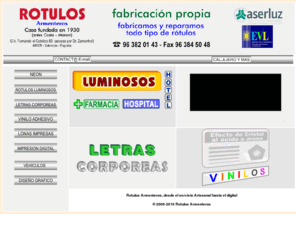 rotulosarmenteros.com: : ARMENTEROS, ROTULOS, NEON, LUMINOSOS : Valencia : España - index
Rotulos, Valencia, neon, luminosos, carteles, vallas publicitarias, lonas, digital, diseño grafico, rotulos valencia, fabricacion propia