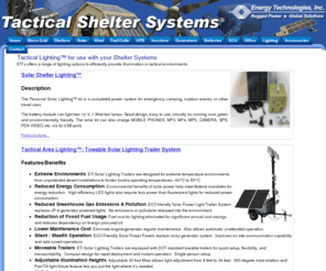 tacticalledlight.com: Tactical Shelter Systems
Global UPS, Inverters, Battery Backup, innovative flexible, foldable, portable solar chargers for Worldwide Military Deployment- The worls most lightweight and flexible solar panels