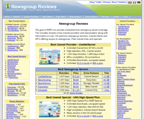 ngproviders.com: Newsgroup Reviews - Usenet Providers, Specials, Free Usenet Access
Compare over 100 newsgroup providers, newsreaders, and ISP's offering Usenet access.  Full page reviews, free news server trials and discounts.