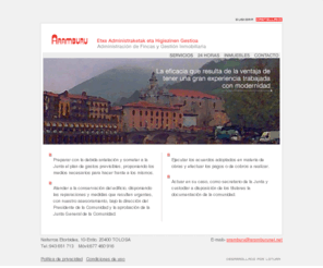 aramburunet.net: Aramburu: Administración de Fincas y Gestión Inmobiliaria Etxe Administraketak eta Higiezinen Gestioa
Aramburu: Administración de Fincas y Gestión Inmobiliaria, ofrece los servicios: gestión integral del edificio, asesoría jurídica, servicio inmobiliario en que se integran alquiler y venta de pisos. Aramburu: Etxe Administraketak eta Higiezinen Gestioak eraikinaren gestio osoa, asesoritza juridikoa,  inmobiliaria zerbitzua eta hauen barne etxebizitzen alokairua eta salmenta eskeintzen du.