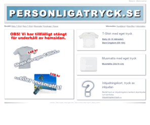 personligatryck.se: Musmatta med tryck, barn tshirt tryck, baby t-shirt med foto.
Skapa din egen musmatta med tryck, designa barn tshirt med tryck och foto. Ge bort en baby t-shirt med foto i doppresent eller födelsedagspresent.