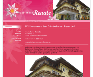 gaestehaus-renate.com: Urlaub, Ferienwohnungen, Wörthersee, Velden, ganzjährig geöffnet, Swimming-Pool, Liegestühle, Sonnenterasse, Tischtennis, Grillmöglichkeit, Baden, Radfahren, Wandern
Verbringen Sie Ihren Urlaub in einer unserer großen Ferienwohnungen mit Balkon und Blick auf dem Wörthersee, welchen Sie in wenigen Gehminuten erreichen. Neben Ferienwohnungen bieten wir auch komfortable Doppelzimmer. Unser Betrieb ist für Sie ganzjährig geöffnet.