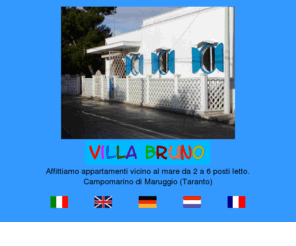 villa-bruno.it: Documento senza titolo
Villa Bruno: Affitto appartamenti e camere che ospitano da due a sei persone. Siamo a 100mt dal mare e dalle bellissime dune di Campomarino di Maruggio a Taranto, nel Salento. Villa Bruno dispone di ampio giardino ombreggiato e un terrazzo con vista mare.