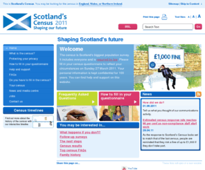 2011scotlandcensus.info: Scotland's Census: Shaping Our Future
Information about Scotland’s Census in 2011.  Complete your online Census questionnaire here using your Internet Questionnaire Access Code printed on your paper questionnaire.  Find information and detailed assistance for all aspects of the Census in Scotland.