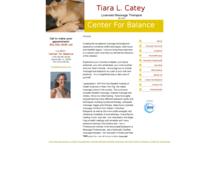 tiaracatey.com: Tiara L Catey LMT @ Center for Balance - Home Page
Home Page of Tiara L Catey, LMT @ Center for Balance in Gainesville, FL providing relaxation, therapeutic massage, Lomilomi, Shiatsu, Cherokee Bodywork