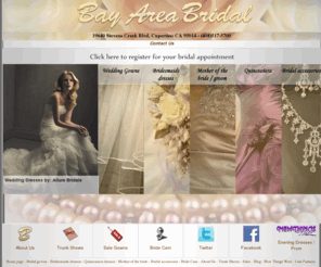 babridal.com: Wedding Dresses | San Jose | San Francisco | Cupertino | Palo Alto | Mountain View | Bridesmaids | Mother Of The Bride | Accessories | Veils | Dyeable Shoes
San Jose wedding dresses, San Francisco Bay Area Bridal Shop, wedding gowns and dresses and wedding fashion consultants in San Jose California