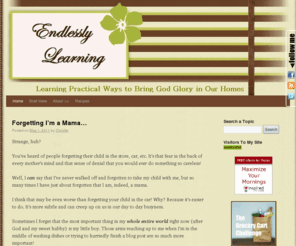 endlesslylearning.com: Endlessly Learning|Learning Practical Ways to Bring God Glory in Our Homes
EndlesslyLearning.com is a place for women to learn more about how to glorify God in their homes. It explores topics such as marriage, mommy-hood, ministry, natural foods, and much more related to homemaking!