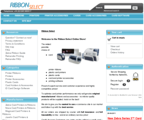 ribbonselect.com: Plastic Card Printer Ribbons, ymcko, Zebra, Javelin, Magicard and Eltron Card Printers
Fast, secure on-line supplier of plastic card 
 printer ribbons and id card printers from Zebra, Evolis, Javelin, 
Magicard, Eltron, and True Colour. Low prices.