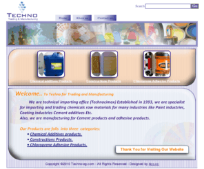 techno-eg.com: www.techno-eg.com :: Chemical Additives products, Constructions Products, Chloroprene Adhesive Products - Egypt
www.techno-eg.com :: Chemical Additives products, Constructions Products, Chloroprene Adhesive Products - Egypt