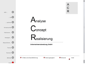 acr-network.de: ACR Analyse-Concept-Realisierung Unternehmensberatung GmbH
ACR Analyse-Concept-Realisierung Unternehmensberatung GmbH - Wir haben unsere Erfahrungsschwerpunkte zur Beratungsschwerpunkten gemacht - Wir vitalisieren Unternehmen - Wir integrieren strategische Akquisitionen - Wir erarbeiten Produkt-/ Marktstrategien