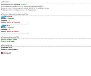 astuces-turf.net: Pronostics gratuits sur les courses hippiques, turf, et des astuces sur les jeux simple, couplé
Pronostics gratuits, et astuces sur les courses pmu, jeu simple, couplé, tiercé, quarté , quinté 