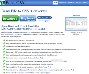 bank2csv.com: Bank2CSV - Bank to CSV Converter by ProperSoft
Bank2CSV is simple utility to convert various bank statement formats to CSV format compatible with Excel and other spreadsheet applications