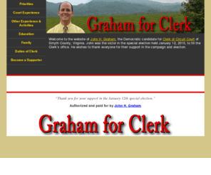 grahamforclerk.com: John H. Graham for Clerk of Circuit Court
John H. Graham's campaign for Clerk of Circuit Court of Smyth County, Virginia