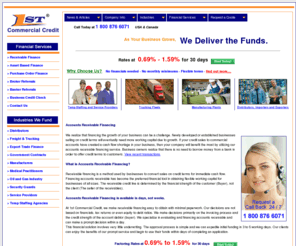 1stcommercialfactoring.com: Accounts Receivable Financing (Factoring Finance at 0.69% to 1.59%)
Accounts Receivable Financing provided by 1st Commercial Credit, a factoring company to businesses with rates starting at 0.69% to 1.59%.