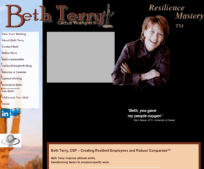 promotableu.com: Beth-Terry, CSP, Professional Speaker, Communication Expert: Resilience
Professional Keynote Speaker, Beth Terry CSP (Toll Free: 877-672-5008) presents motivational, dynamic, inspirational, intelligent, substantive content, helping organizations grow and prosper.
