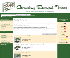 growing-bonsai-trees.com: Bonsai Trees For Sale | Cheap Bonsai Trees
Growing-Bonsai-Trees.com provides information about history of bonsai trees, origin of bonsai culture, bonsai tree styles, care of bonsai trees. Find bonsai accessories, such as bonsai pots, bonsai soils, tools & wire, fertilizers & chemicals at our bonsai auction.