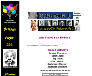 famousbirthdays.net: Birthdays. FamousBirthdays.Net.
Who was born on your birthday?   Discover famous birthdays of the rich and famous, movie stars, singers, historical people.