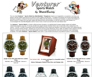 venturerwatches.com: Venturer Sports Watch by WatchBuddy Timepieces
The Venturer Sports Watch by WatchBuddy - is the watch that Indiana Jones would want to wear: Sporty, Sleek and Cool, Rugged and Durable!