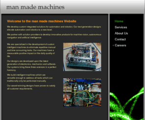 man-made-machines.com: man made machines - Index
We develop custom integrated solutions for automation and robotics. Our next generation designs elevate automation and robotics to a new level. We partner with solution providers to develop smarter solutions for machine vision, autonomous navigation and ar